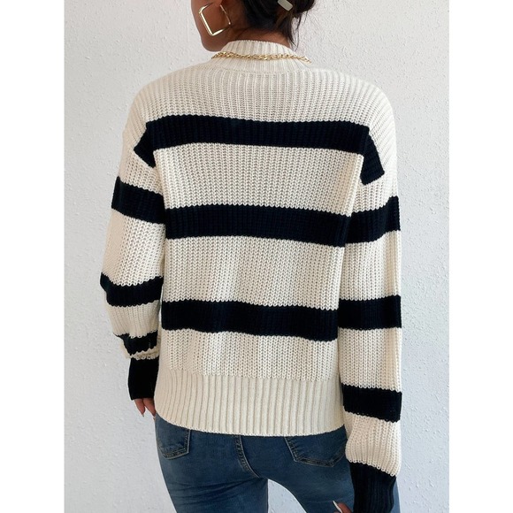 Striped preppy soft knit Sweater mock neck stand collar cream black stripe - Picture 2 of 7